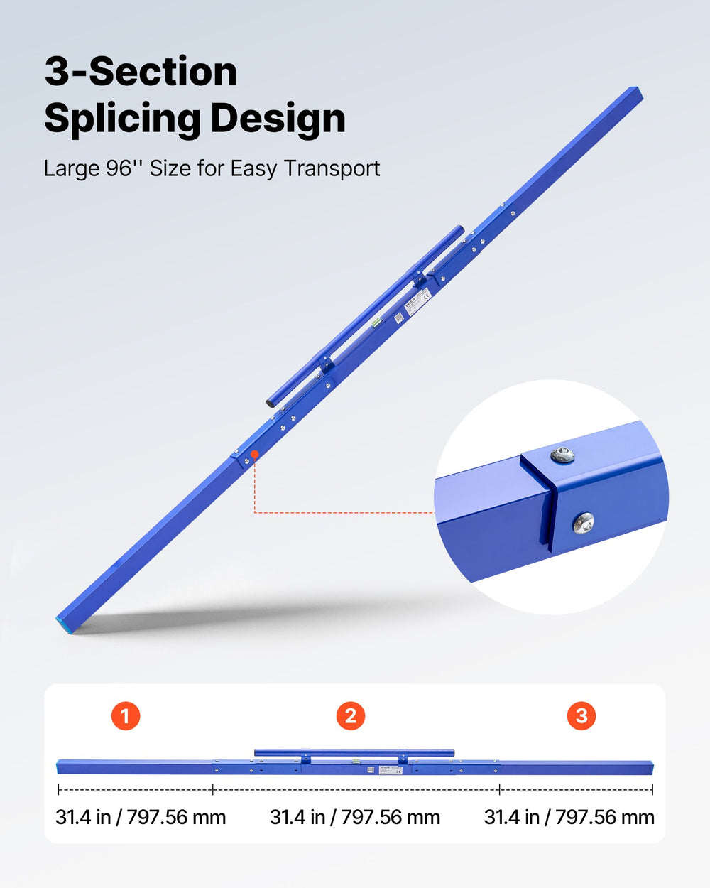 VEVOR Concrete Screed 2430 mm Manual Screed Board Aluminum Alloy Blue, Built-in Bubble Level, Powder-coated Finish, Lightweight Paver Leveling Tool for Patio, Sidewalk, Garage Floor Finishing