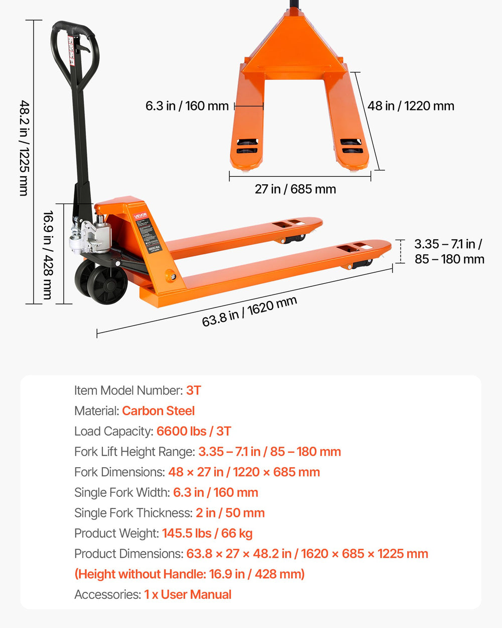 VEVOR Pallet Jack, 3T Load Capacity, Manual Pallet Truck with 122L x 68.6W cm Forks for Material Handling, 85-180 mm Fork Lift Height Range, Suitable for Warehouse, Supermarket, Manufacturing