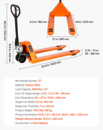 VEVOR Pallet Jack, 3T Load Capacity, Manual Pallet Truck with 122L x 68.6W cm Forks for Material Handling, 85-180 mm Fork Lift Height Range, Suitable for Warehouse, Supermarket, Manufacturing