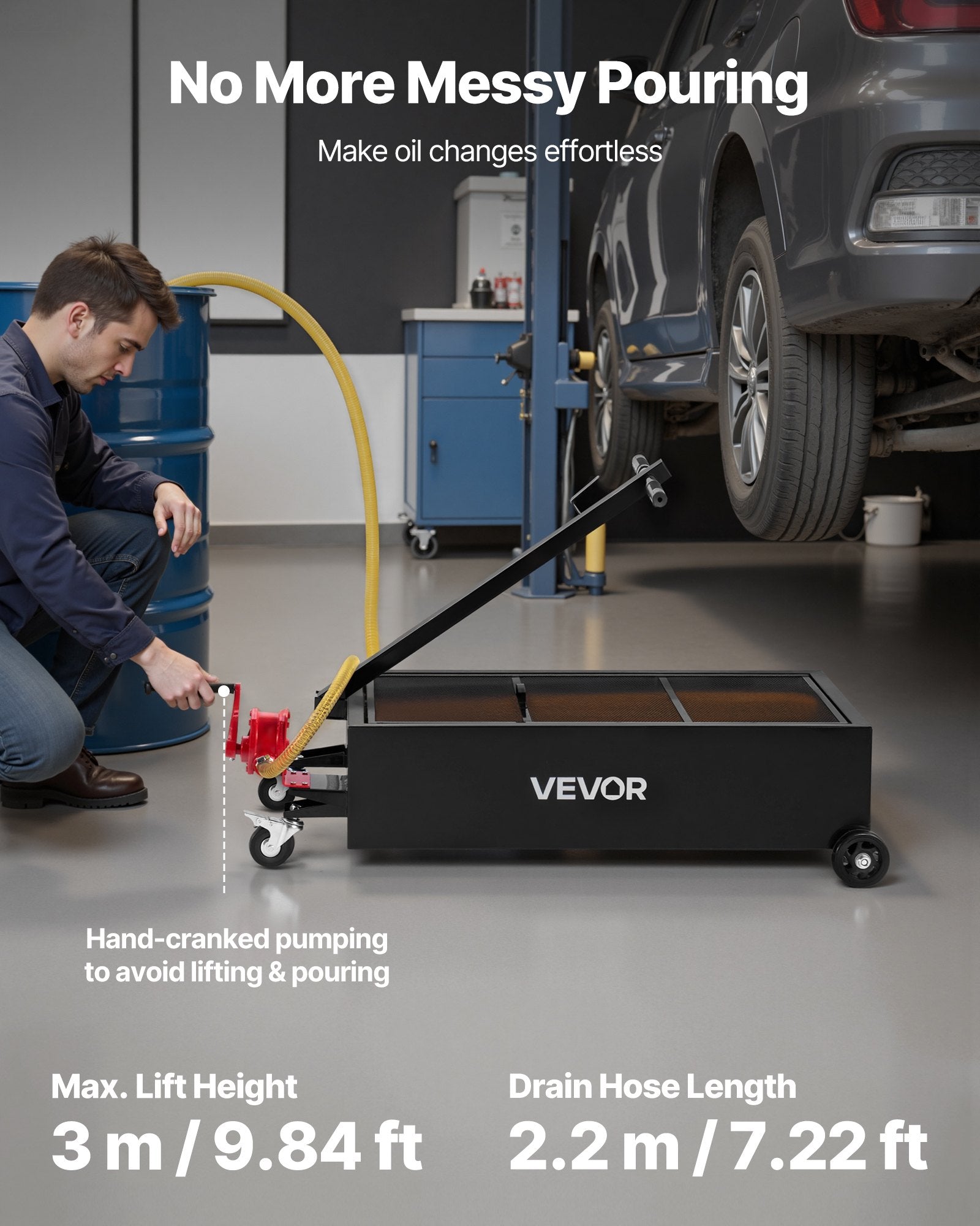 VEVOR Low Profile Oil Drain Pan, 94.6 L Capacity, Rolling Oil Drain Pan with Manual Pump, 2.2 m Hose & T Folding Handle, Leak-proof & Corrosion-resistant, Fit for Cars, SUVs, Trucks, ATVs, Black