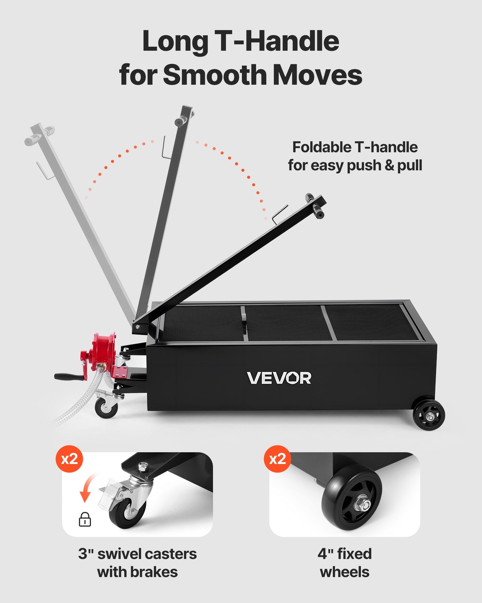 VEVOR Low Profile Oil Drain Pan, 94.6 L Capacity, Rolling Oil Drain Pan with Manual Pump, 2.2 m Hose & T Folding Handle, Leak-proof & Corrosion-resistant, Fit for Cars, SUVs, Trucks, ATVs, Black