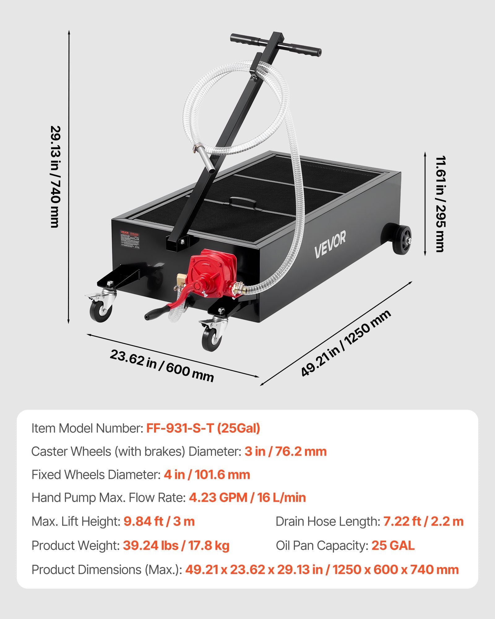 VEVOR Low Profile Oil Drain Pan, 94.6 L Capacity, Rolling Oil Drain Pan with Manual Pump, 2.2 m Hose & T Folding Handle, Leak-proof & Corrosion-resistant, Fit for Cars, SUVs, Trucks, ATVs, Black