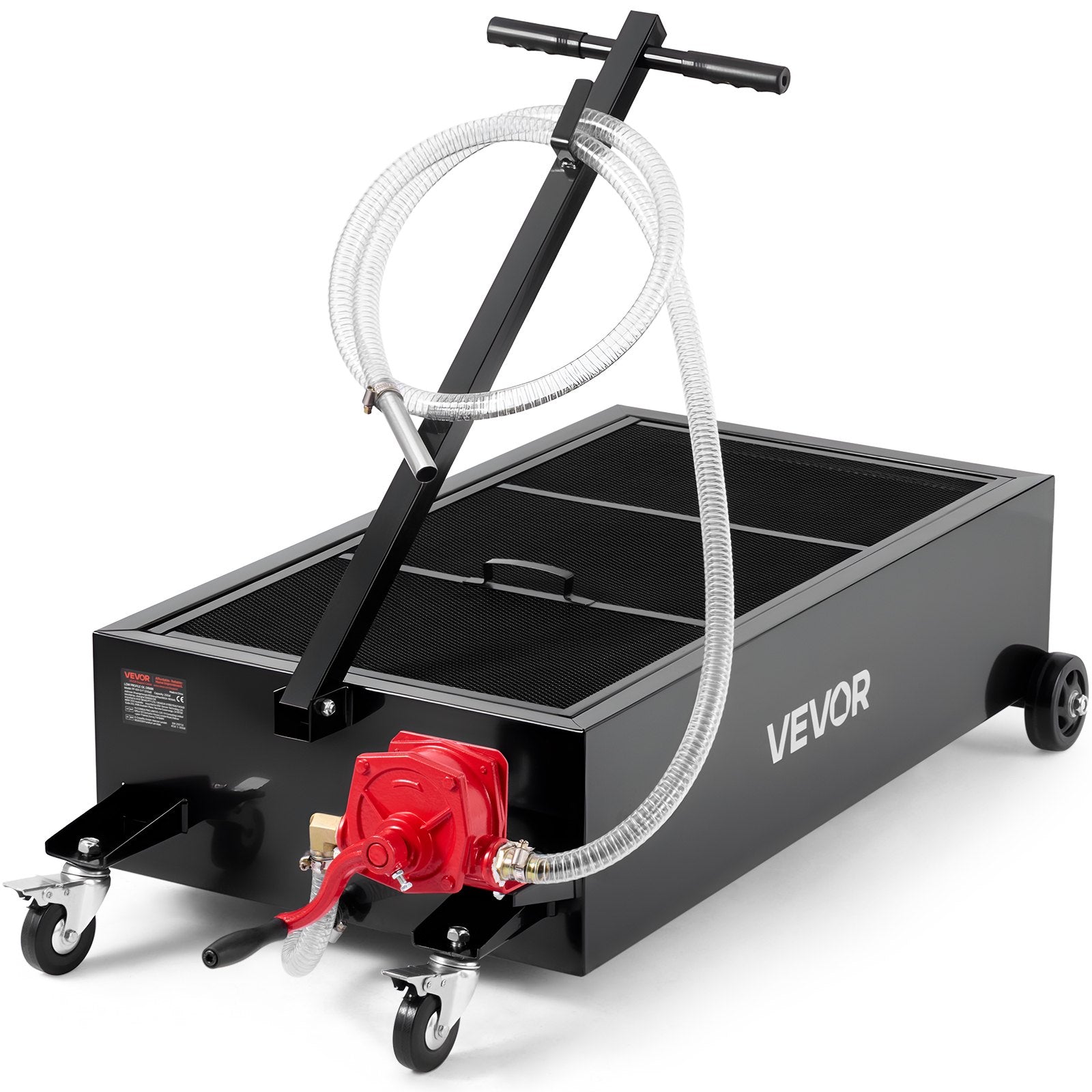 VEVOR Low Profile Oil Drain Pan, 94.6 L Capacity, Rolling Oil Drain Pan with Manual Pump, 2.2 m Hose & T Folding Handle, Leak-proof & Corrosion-resistant, Fit for Cars, SUVs, Trucks, ATVs, Black