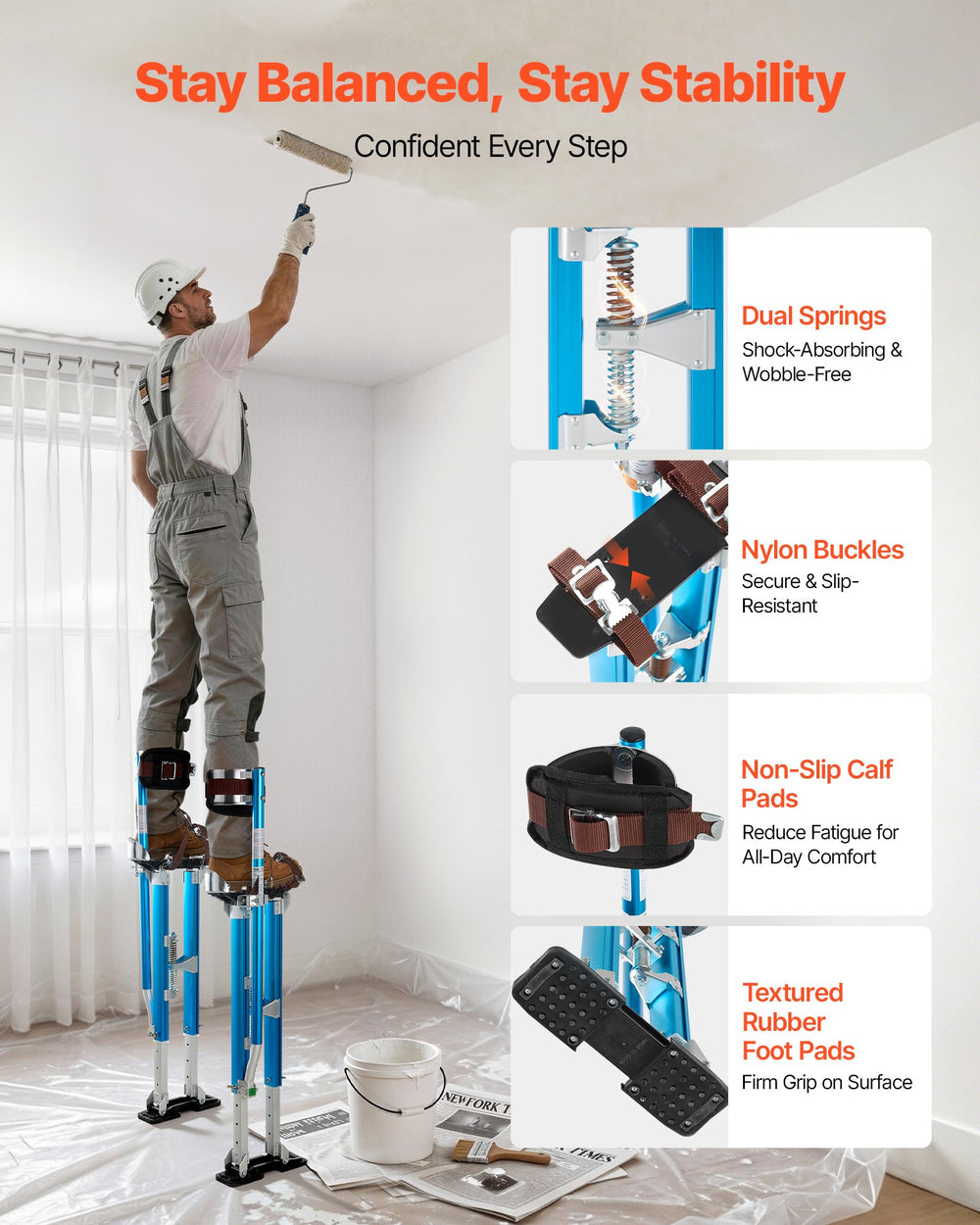 VEVOR Drywall Stilts, 615-1023 mm Adjustable Aluminum Painter Stilts, 103 kg Load Capacity, Non-Slip Rubber Feet, Dual Spring Shock Absorption, Comfortable Leg Straps for Painting, Decoration,Blue