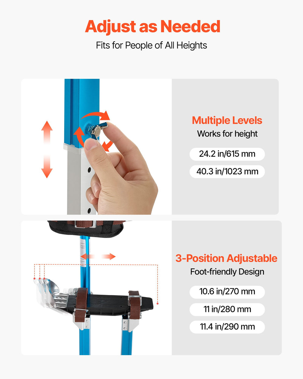 VEVOR Drywall Stilts, 615-1023 mm Adjustable Aluminum Painter Stilts, 103 kg Load Capacity, Non-Slip Rubber Feet, Dual Spring Shock Absorption, Comfortable Leg Straps for Painting, Decoration,Blue