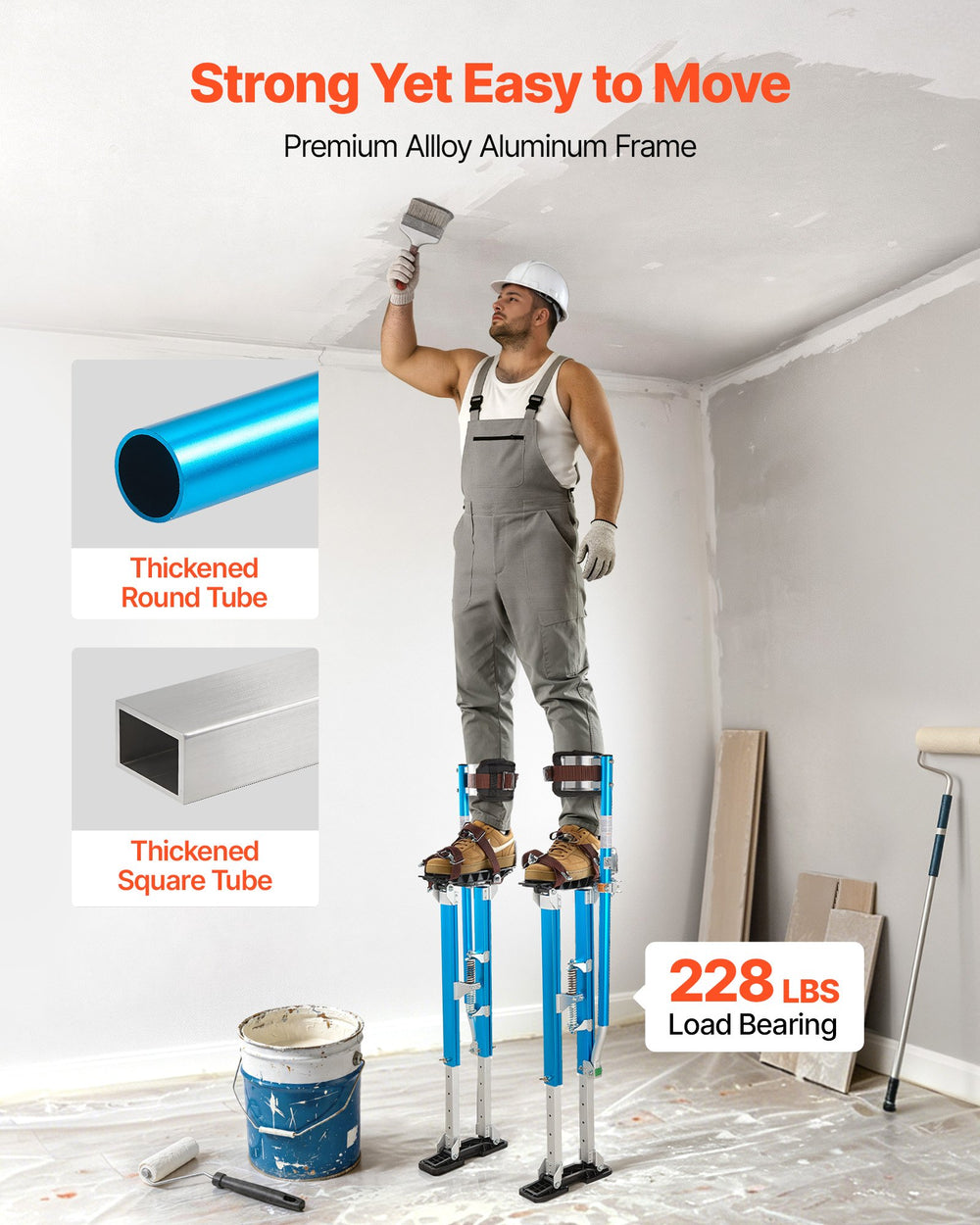 VEVOR Drywall Stilts, 615-1023 mm Adjustable Aluminum Painter Stilts, 103 kg Load Capacity, Non-Slip Rubber Feet, Dual Spring Shock Absorption, Comfortable Leg Straps for Painting, Decoration,Blue