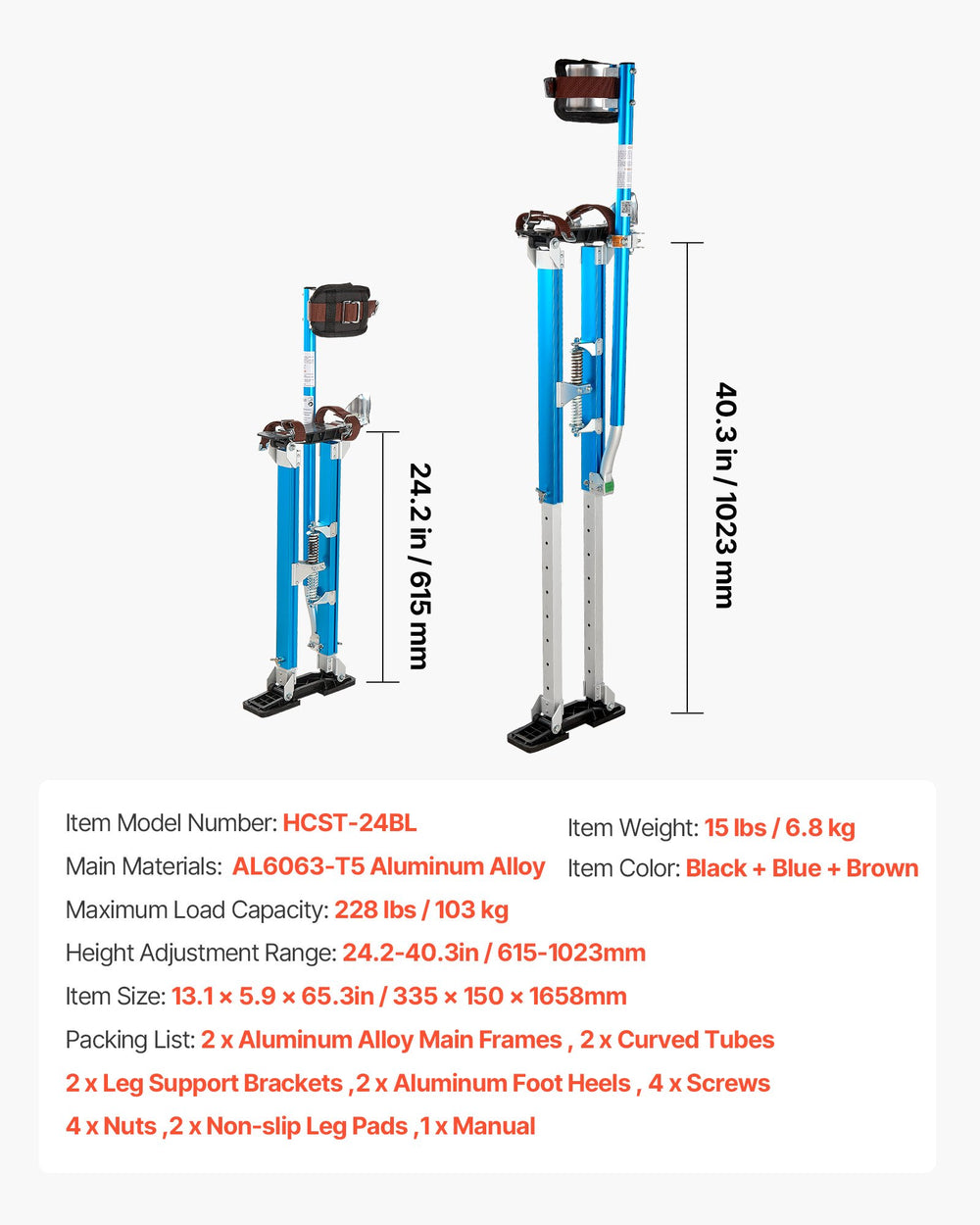 VEVOR Drywall Stilts, 615-1023 mm Adjustable Aluminum Painter Stilts, 103 kg Load Capacity, Non-Slip Rubber Feet, Dual Spring Shock Absorption, Comfortable Leg Straps for Painting, Decoration,Blue