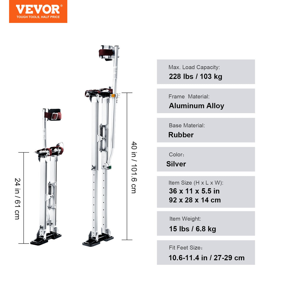 VEVOR Drywall Stilts, 61 cm-102 cm Adjustable Aluminum Tool Stilts with Protective Knee Pads, Durable and Non-slip Work Stilts for Sheetrock Painting, Walking, Taping, Silver
