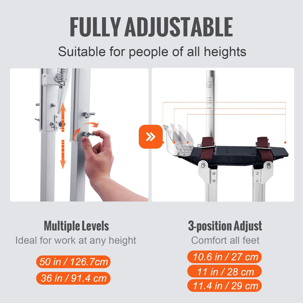 VEVOR Drywall Stilts, 91.4 cm-127 cm Adjustable Aluminum Tool Stilts with Protective Knee Pads, Durable and Non-slip Work Stilts for Sheetrock Painting, Walking, Taping, Silver