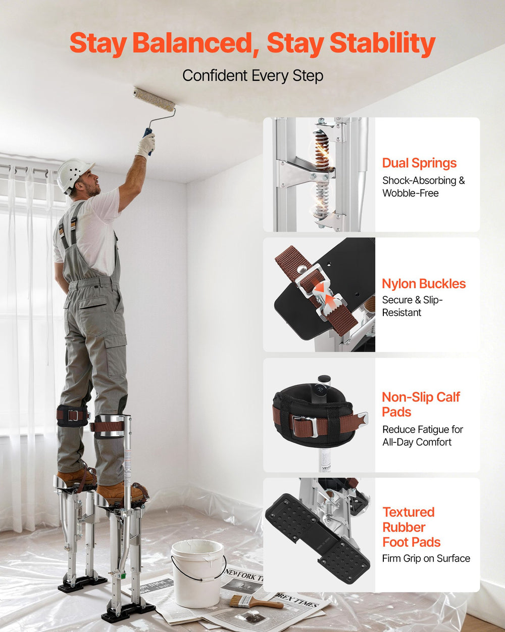 VEVOR Drywall Stilts, 409-613 mm Adjustable Aluminum Painter Stilts, 103 kg Load Capacity, Non-Slip Rubber Feet, Dual Spring Shock Absorption, Comfortable Leg Straps for Painting, Decoration, Silver