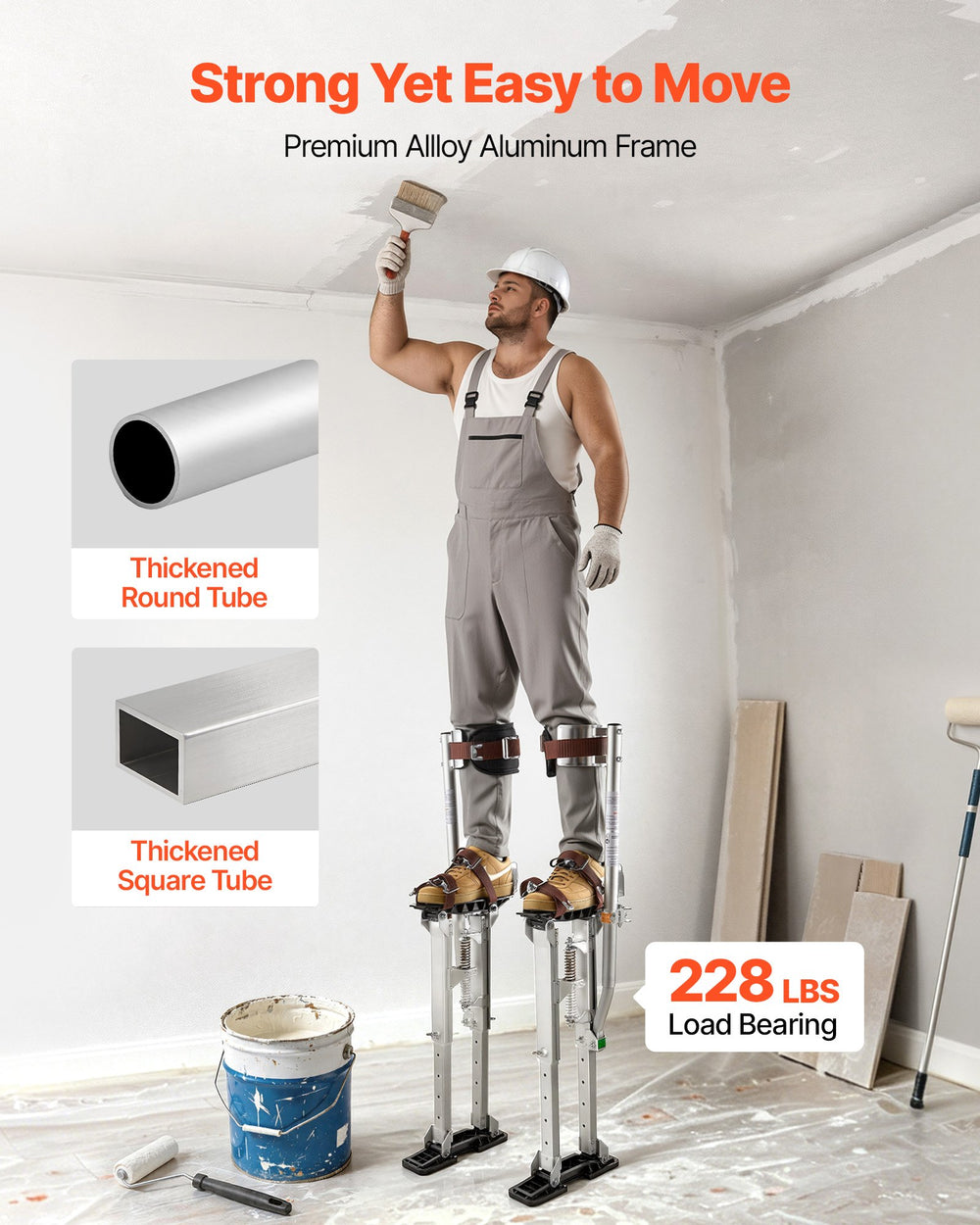 VEVOR Drywall Stilts, 409-613 mm Adjustable Aluminum Painter Stilts, 103 kg Load Capacity, Non-Slip Rubber Feet, Dual Spring Shock Absorption, Comfortable Leg Straps for Painting, Decoration, Silver