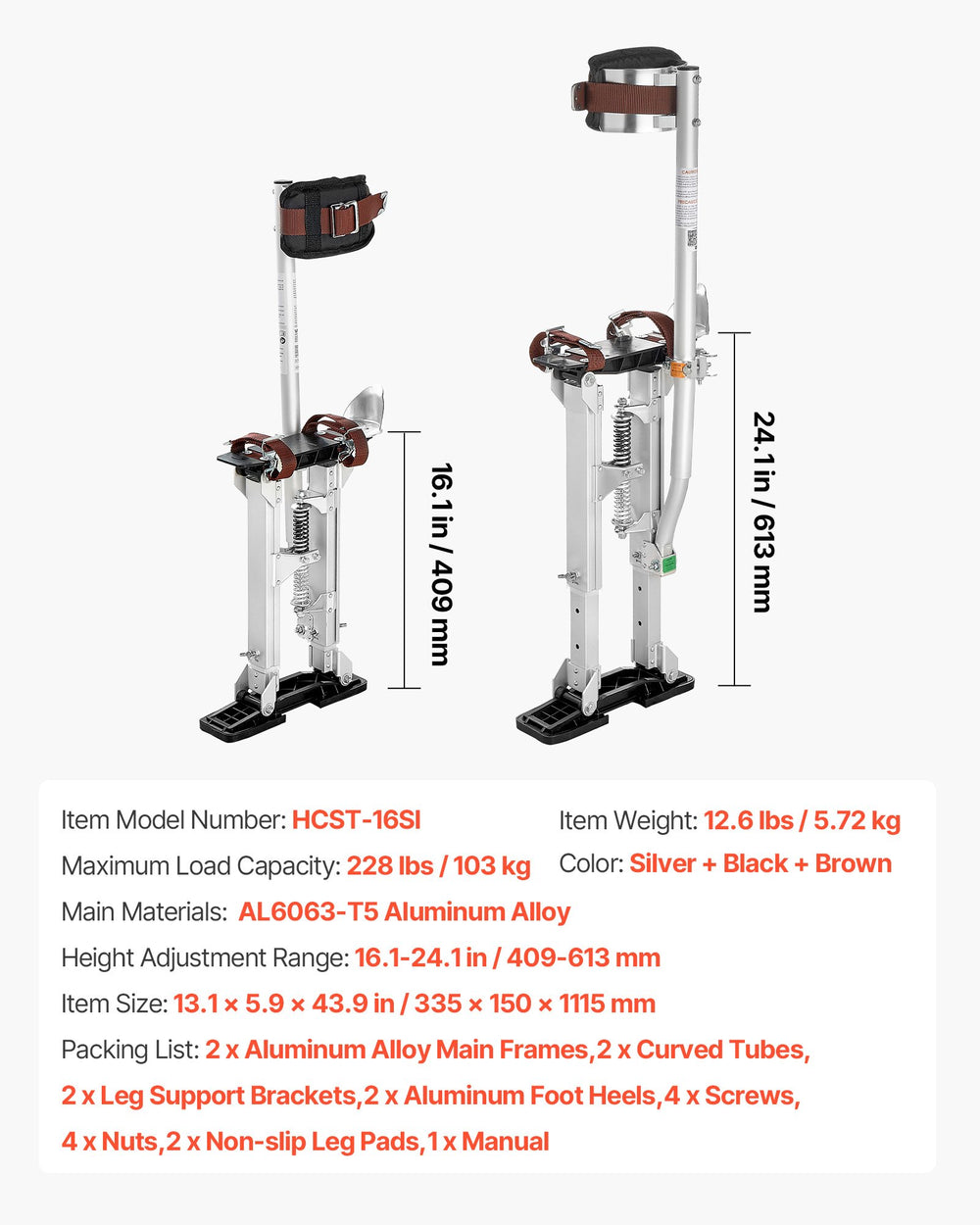 VEVOR Drywall Stilts, 409-613 mm Adjustable Aluminum Painter Stilts, 103 kg Load Capacity, Non-Slip Rubber Feet, Dual Spring Shock Absorption, Comfortable Leg Straps for Painting, Decoration, Silver