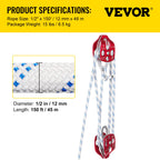 VEVOR Twin Sheave Block and Tackle 12 mm 30.48-60.96 m Twin Sheave Block with Braid Rope 2993.5-3498.6 kg Double Pulley Rigging