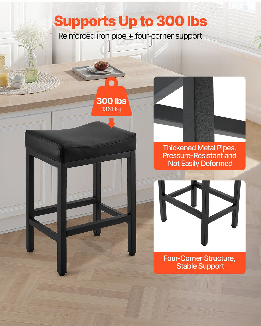 VEVOR Bar Stool Set of 2, PU Leather Counter Height Stools, 62cm Barstool with Saddle-Seat and Metal Legs, Easy Assembly Backless Bar Chair, Island Barstools for Kitchen, Dining Room, Cafe, Black