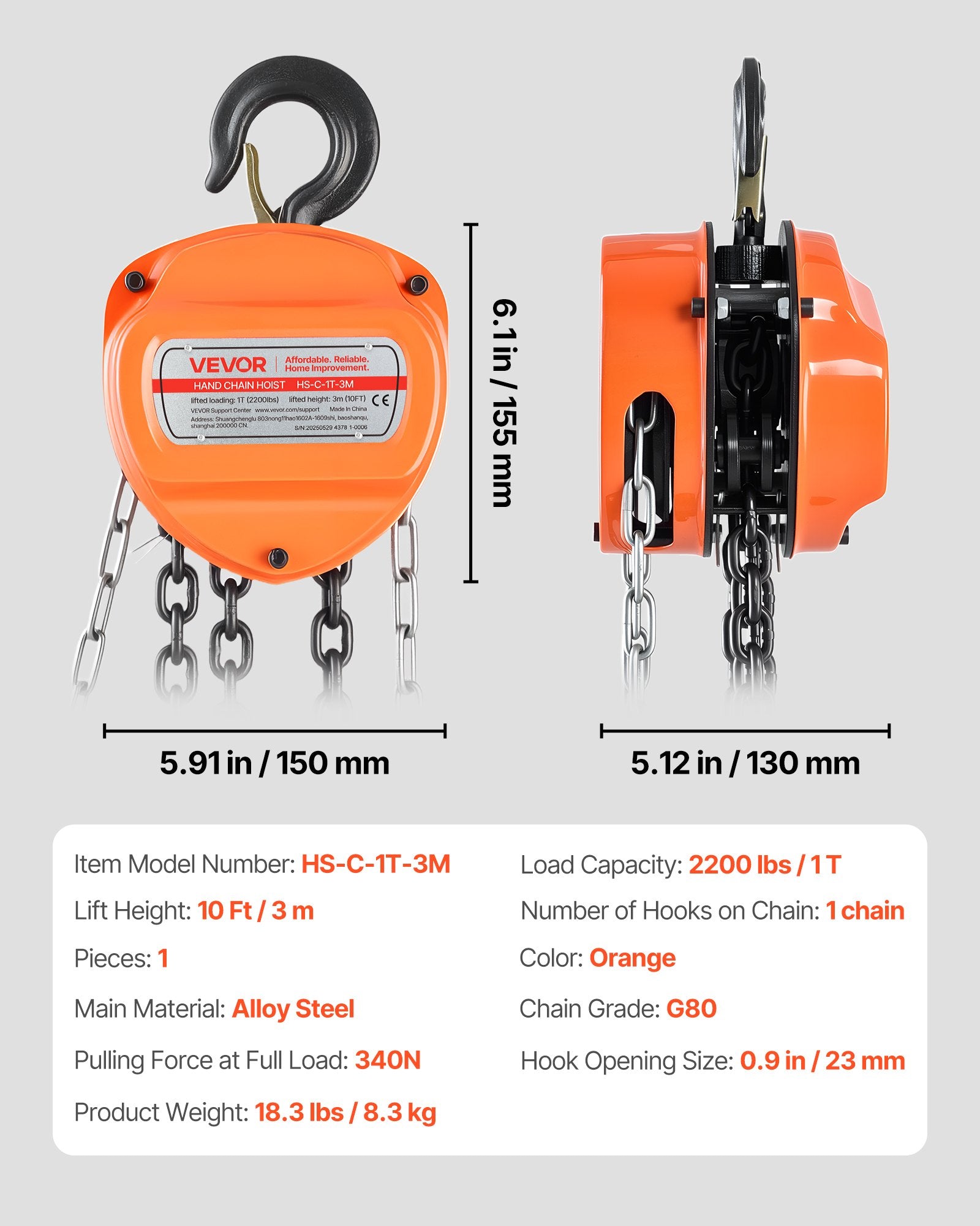 VEVOR Hand Chain Hoist, 1 Ton 2200 lbs Capacity, Manual Chain Block with Upgrade G80 Galvanized Chain, 3 m Lifting Height, Heavy Duty Pulley Hoist for Garage Warehouse Automotive Machinery, Orange
