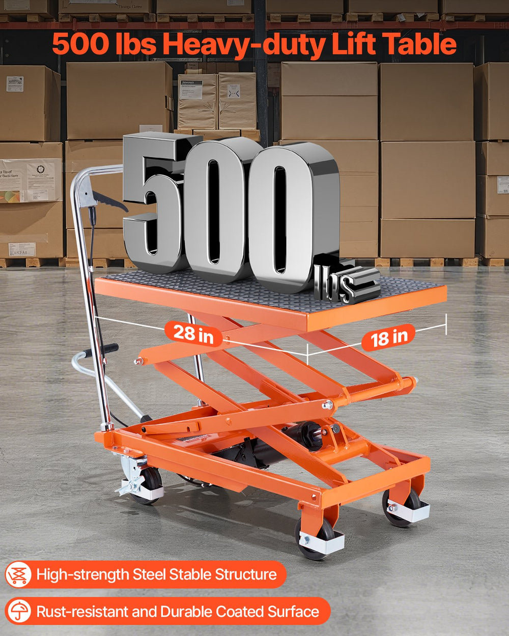 VEVOR Hydraulic Lift Table, 500 lbs Capacity, 47.2" Lifting Height, Double Scissor Lift Table Cart with 4 Wheels and Non-slip Pad, Manual Hydraulic Lifting Cart for Material Handling & Transportation