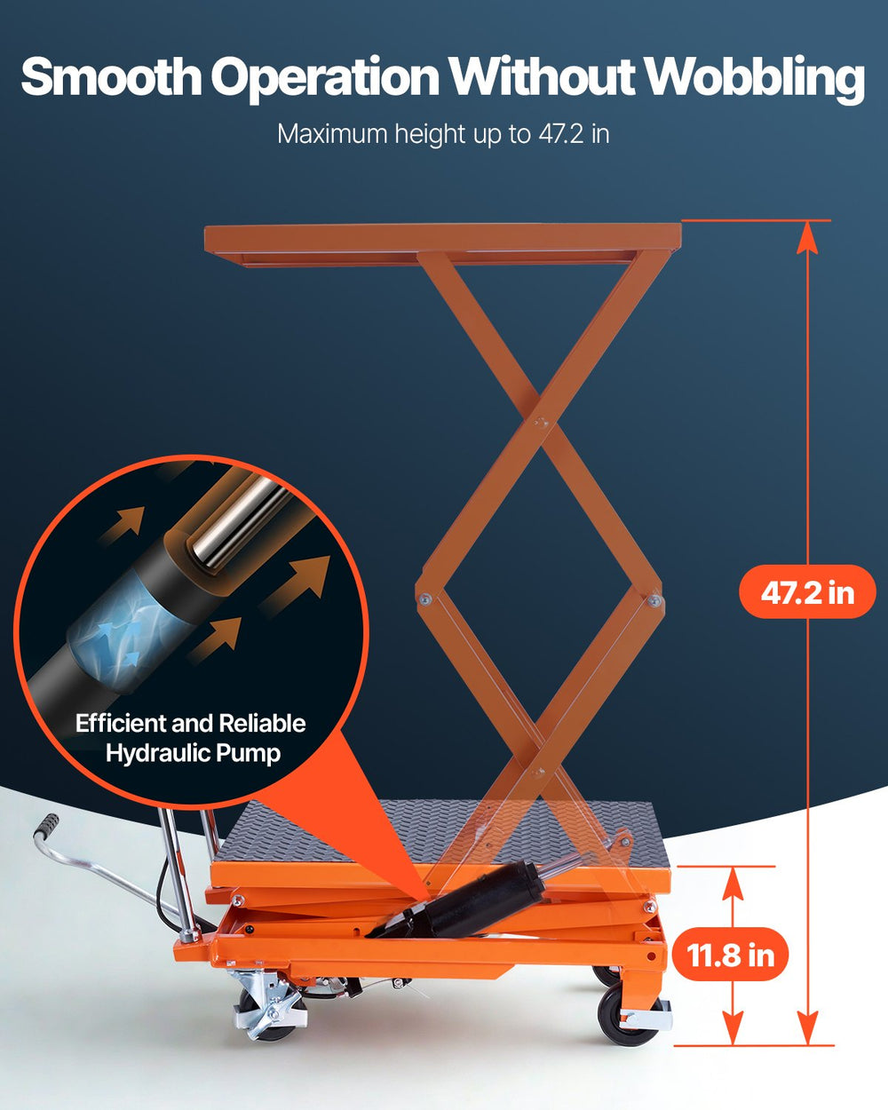 VEVOR Hydraulic Lift Table, 500 lbs Capacity, 47.2" Lifting Height, Double Scissor Lift Table Cart with 4 Wheels and Non-slip Pad, Manual Hydraulic Lifting Cart for Material Handling & Transportation