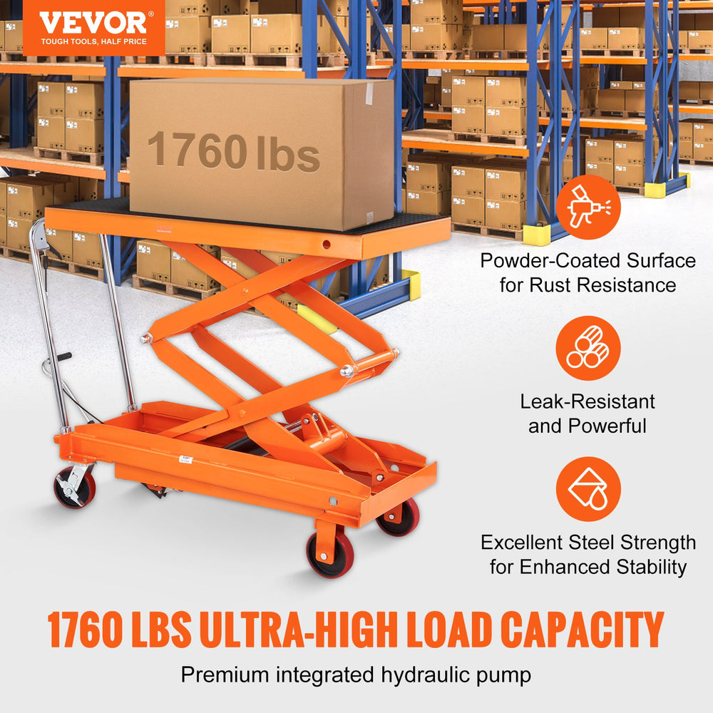 VEVOR Hydraulic Lift Table Cart, 789.3 kg Capacity 149.9 cm Lifting Height, Manual Double Scissor Lift Table with 4 Wheels and Non-slip Pad, Hydraulic Scissor Cart for Material Handling and Transportation