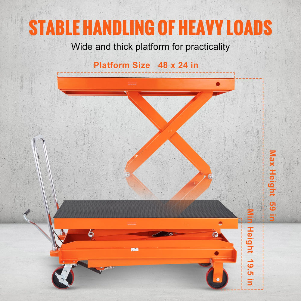 VEVOR Hydraulic Lift Table Cart, 789.3 kg Capacity 149.9 cm Lifting Height, Manual Double Scissor Lift Table with 4 Wheels and Non-slip Pad, Hydraulic Scissor Cart for Material Handling and Transportation