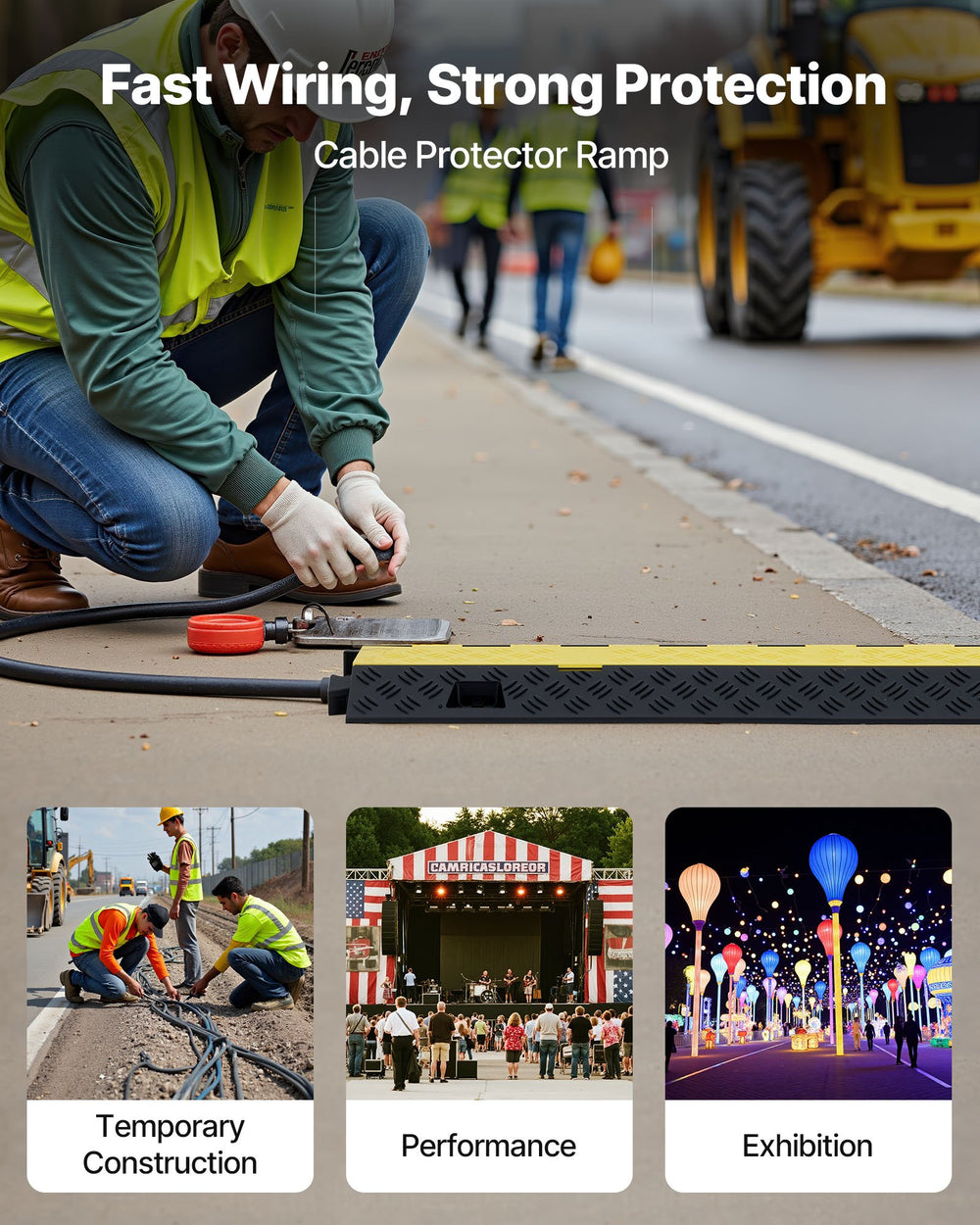 VEVOR Cable Protector Ramp, 9,979 kg/axle Capacity, 2 Channel Heavy Duty TPU Cord Hose Wire Cover, 31 x 28 mm Channel, Traffic Speed Bump with Flip-Open Top Cover, for Indoor & Outdoor Use, 3 Pack
