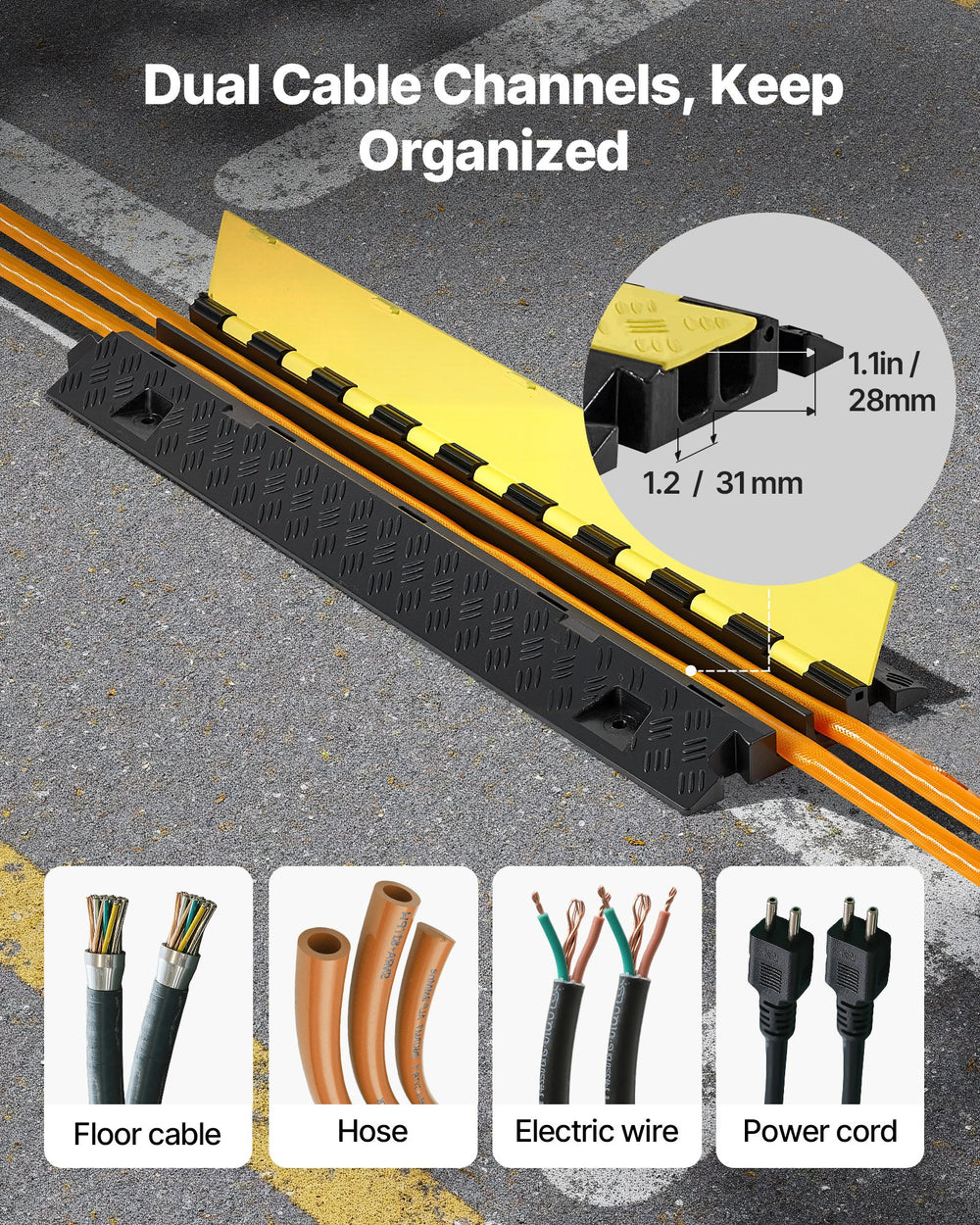 VEVOR Cable Protector Ramp, 9,979 kg/axle Capacity, 2 Channel Heavy Duty TPU Cord Hose Wire Cover, 31 x 28 mm Channel, Traffic Speed Bump with Flip-Open Top Cover, for Indoor & Outdoor Use, 3 Pack