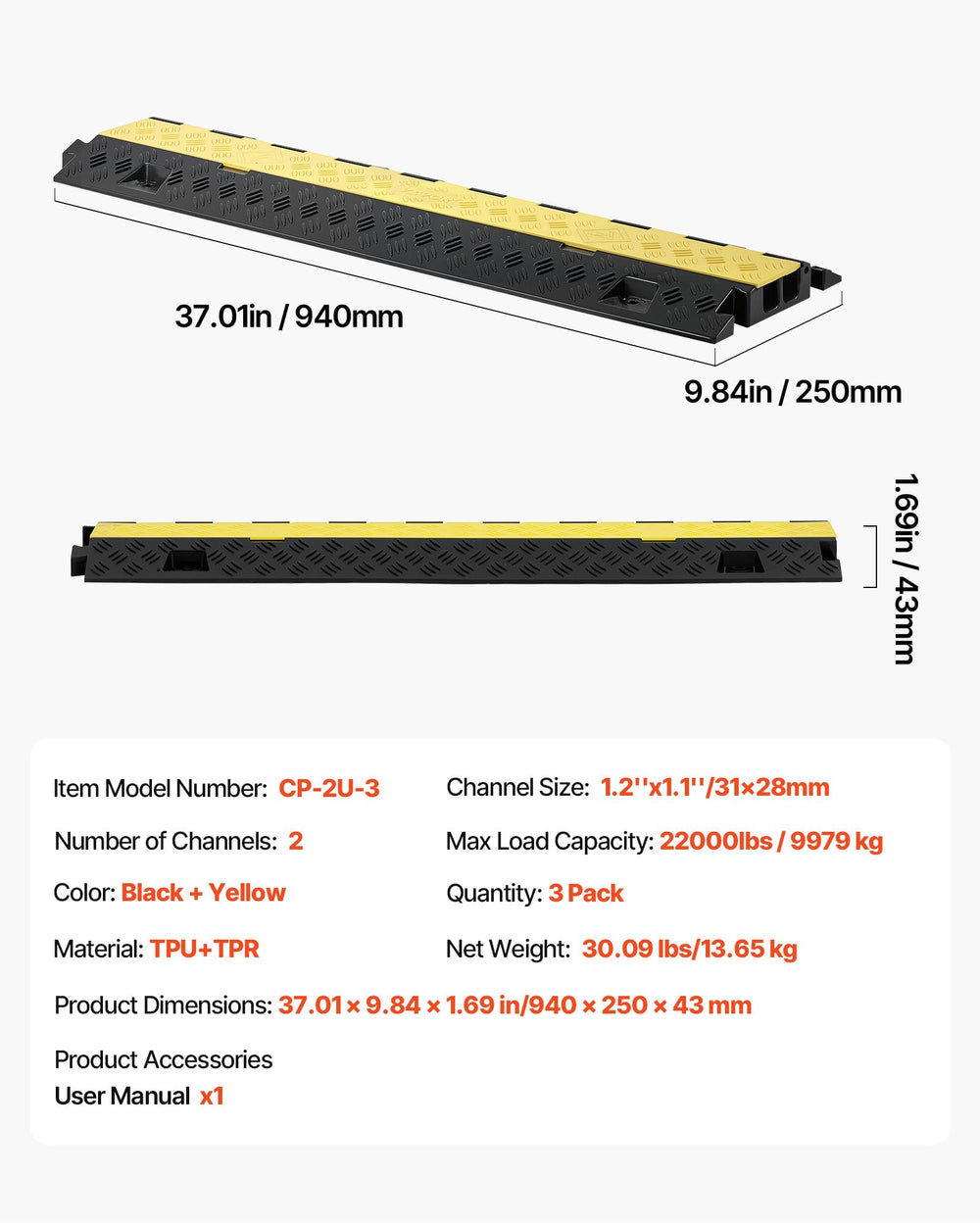 VEVOR Cable Protector Ramp, 9,979 kg/axle Capacity, 2 Channel Heavy Duty TPU Cord Hose Wire Cover, 31 x 28 mm Channel, Traffic Speed Bump with Flip-Open Top Cover, for Indoor & Outdoor Use, 3 Pack