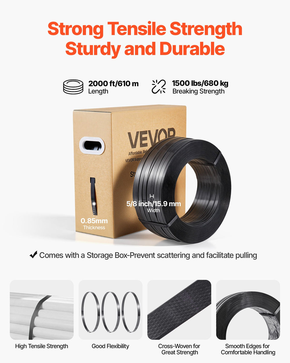 VEVOR Banding Strapping Kit, Heavy Duty Banding Sealer Tool with 610 m PET Band, 600 Metal Seals, 200 Corner Protectors, Plastic Pallet Packaging Strapping Kit for Warehouse, Transportation, Home