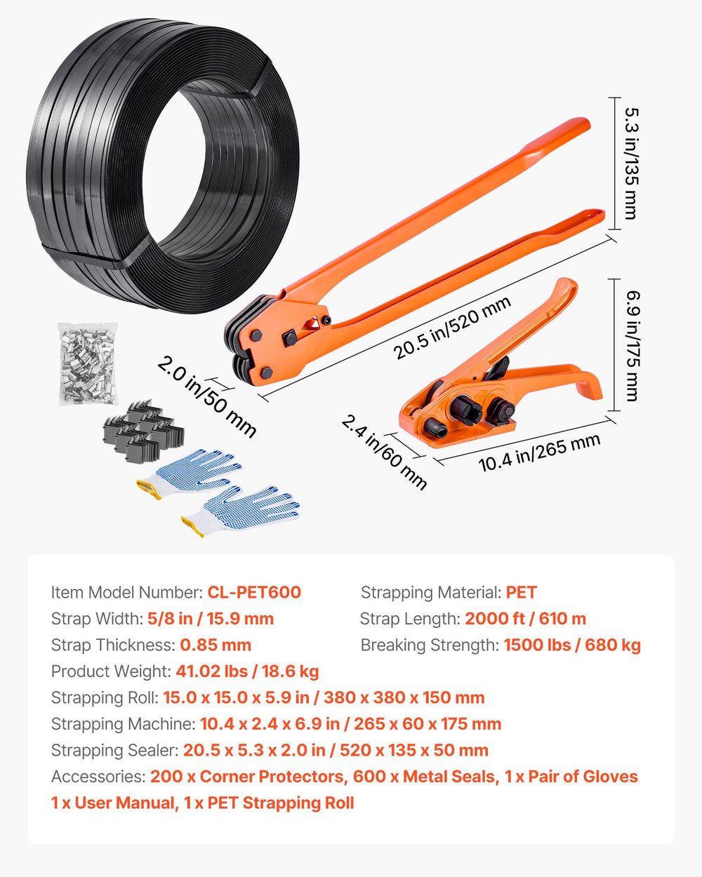 VEVOR Banding Strapping Kit, Heavy Duty Banding Sealer Tool with 610 m PET Band, 600 Metal Seals, 200 Corner Protectors, Plastic Pallet Packaging Strapping Kit for Warehouse, Transportation, Home