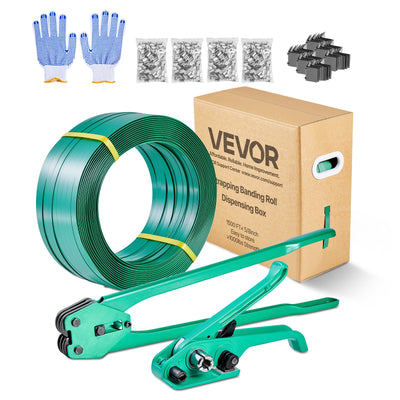 VEVOR Banding Strapping Kit, Heavy Duty Banding Sealer Tool with 457m PET Band, 450 Metal Seals, 150 Corner Protectors & Gloves, Plastic Pallet Packaging Strapping Kit for Warehouse/Shipping/Moving