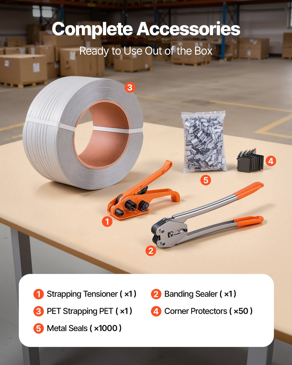VEVOR Banding Strapping Kit, Heavy Duty Banding Sealer Tool with 975 m Length PP Band, 1000 Metal Seals, 50 Corner Protectors, Plastic Pallet Packaging Strapping Kit for Warehouse/Shipping/Moving