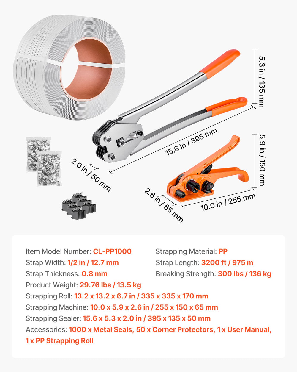 VEVOR Banding Strapping Kit, Heavy Duty Banding Sealer Tool with 975 m Length PP Band, 1000 Metal Seals, 50 Corner Protectors, Plastic Pallet Packaging Strapping Kit for Warehouse/Shipping/Moving