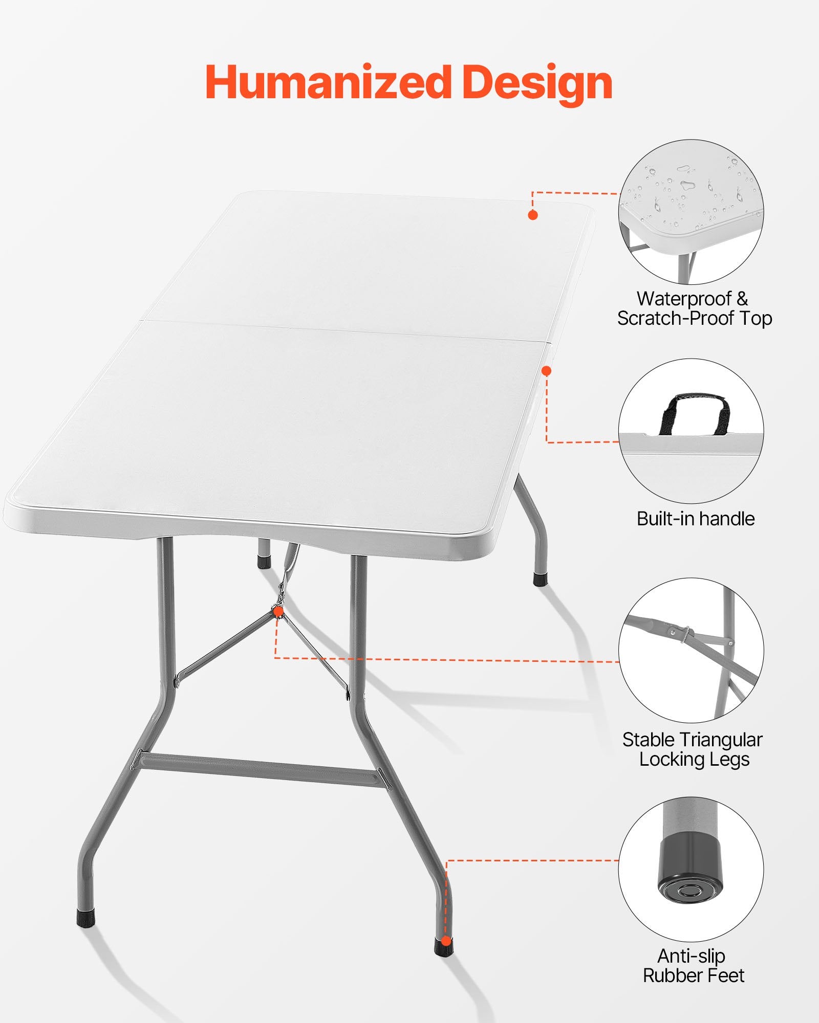 VEVOR Folding Table, 6 Ft Heavy Duty Portable Fold-in-Half Utility Table, Indoor Outdoor Plastic Rectangle Table with Built in Handle, for Party, Dining, Wedding, Events, Picnic, Camping, White