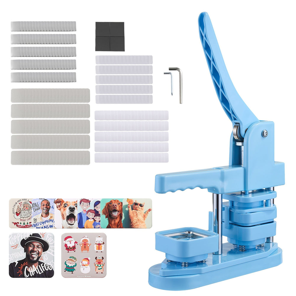 VEVOR Button Maker Machine, 50 x 50 mm Square, Plastic Pin Maker with Tinplate Front Shells, Plastic Back Covers, Magnetic Backings and Transparent Films, Ergonomic Handle, for DIY Badges, Blue