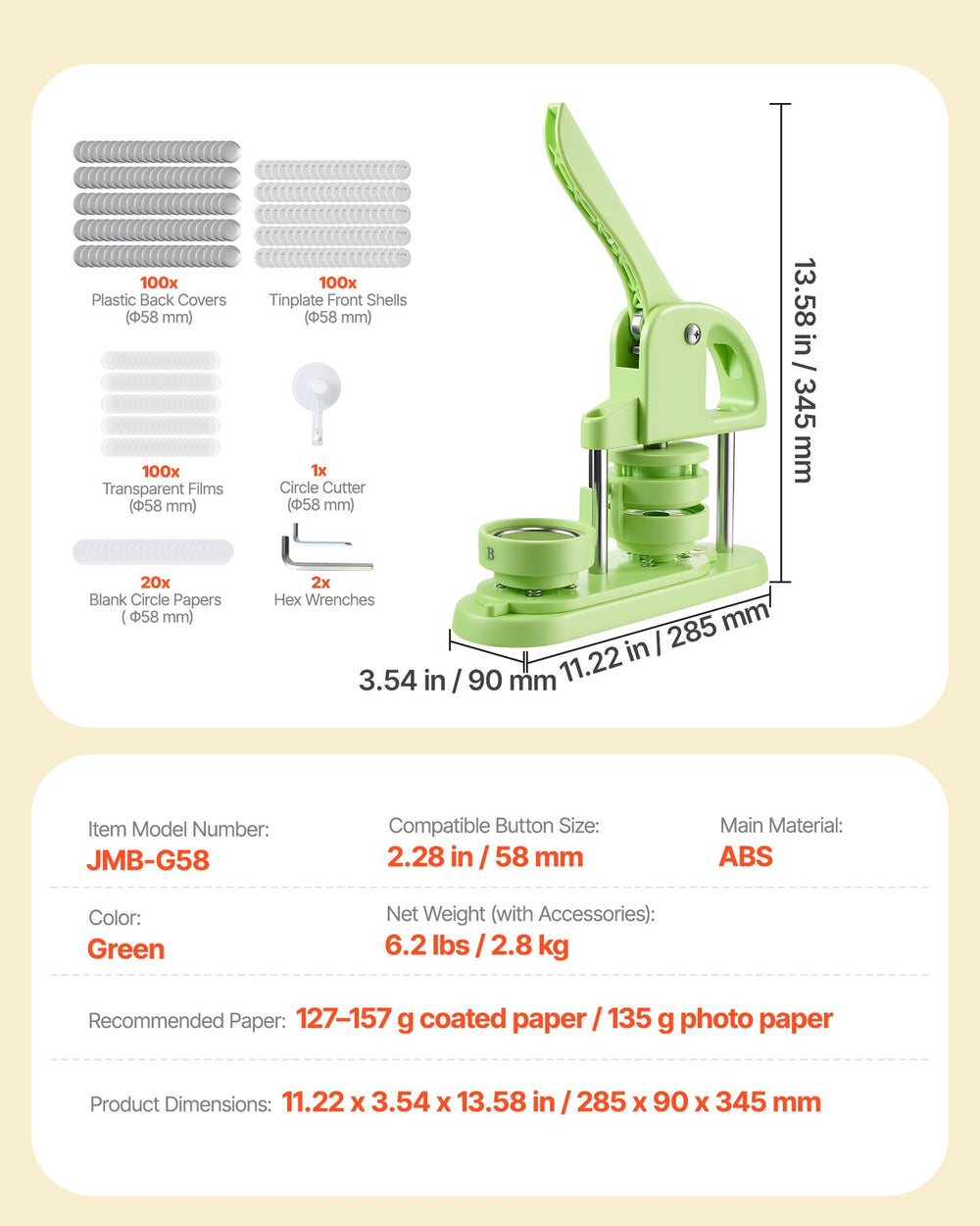VEVOR Button Maker Machine, 58 mm, Plastic Pin Maker with 100pcs Button Parts, Circle Cutter and Hex Wrenches, Reinforced Ergonomic Handle, for DIY Badges, Personalized Pins and Key Chains, Green