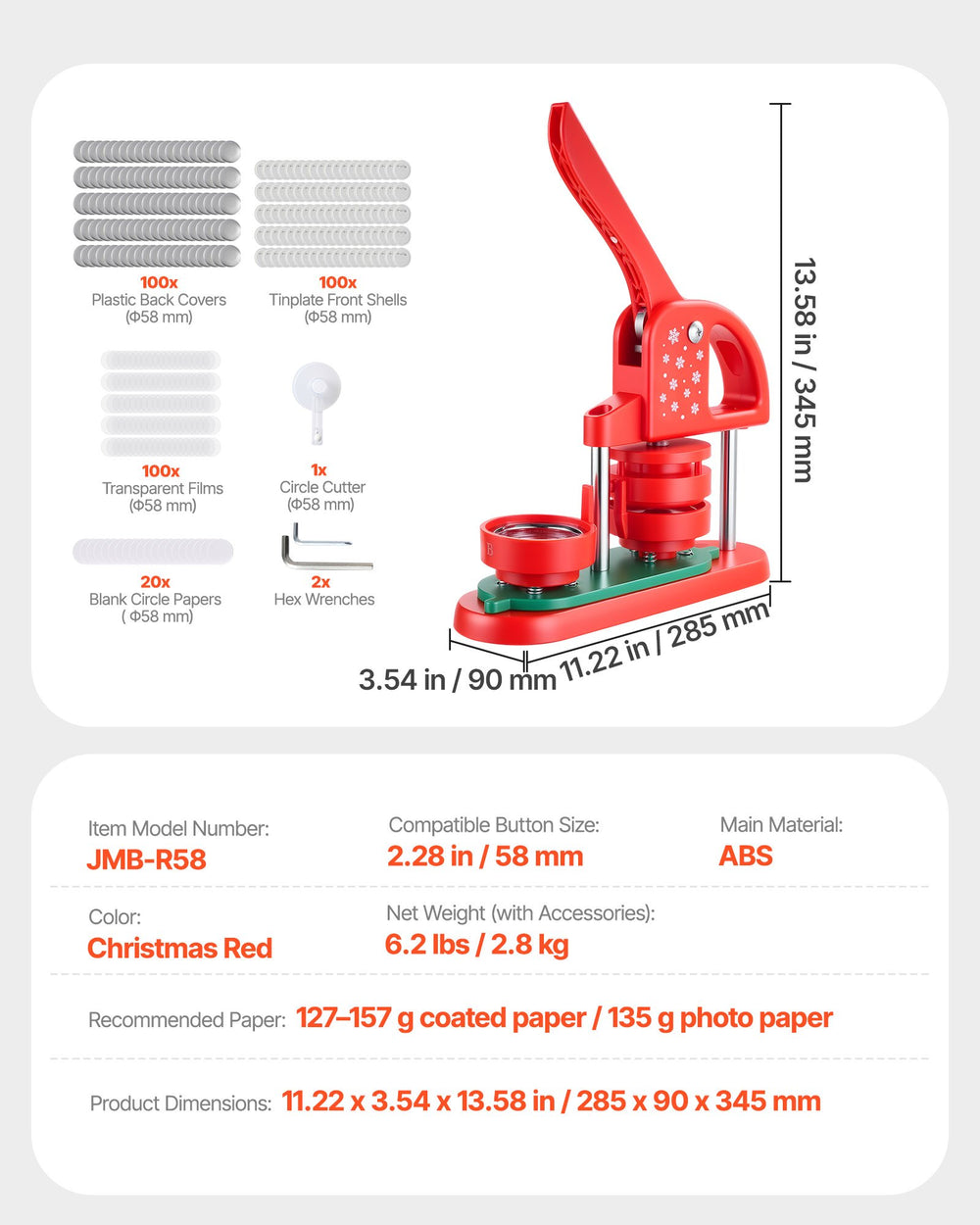 VEVOR Button Maker Machine, 58 mm, Plastic Pin Maker with 100pcs Button Parts, Circle Cutter and Hex Wrenches, Reinforced Ergonomic Handle, for DIY Badges, Personalized Pins and Key Chains, Red