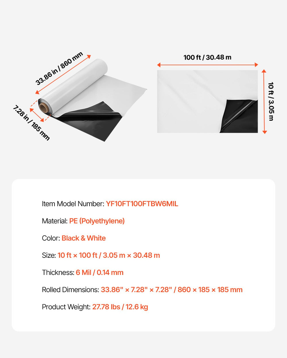 VEVOR 10' x 100' Plastic Sheeting Heavy Duty, 6 Mil Thick Plastic Sheeting Roll, Plastic Drop Cloth Painters Tarp Covering for Crawl Space Vapor Barrier, Black and White Double-Sided, Multi-Purpose