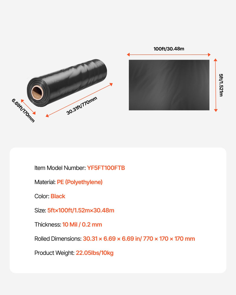 VEVOR 10 Mil Plastic Sheeting Heavy Duty 5' x 100', Thick Plastic Sheeting Roll, Plastic Drop Cloth Painters Tarp, Polyethylene Covering for Crawl Space Vapor Barrier, Multi-Purpose, Black