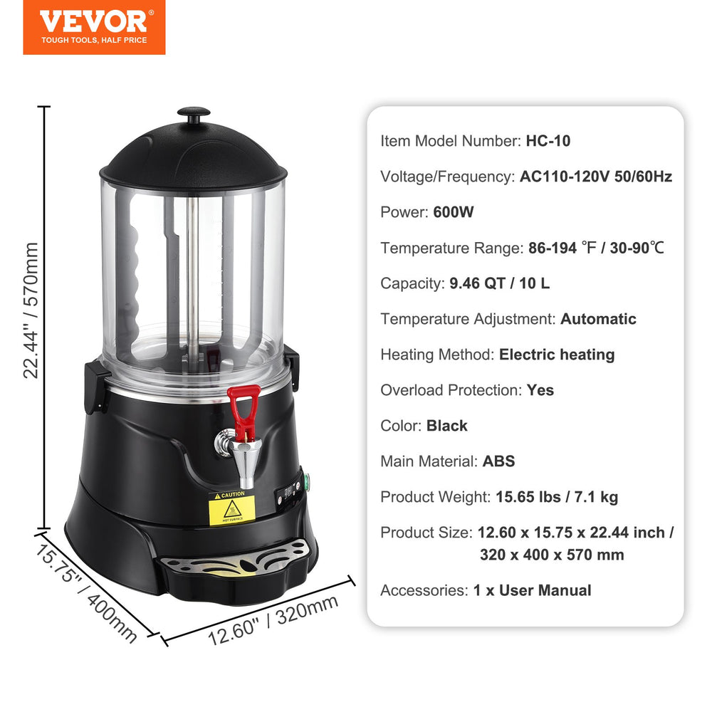 VEVOR Hot Chocolate Dispenser, 10 L Hot Chocolate Machine with 30℃-90℃ Adjustable Temperature Range, High-quality ABS Tank Hot Chocolate Maker Machine with Dispenser, for Hot Drink
