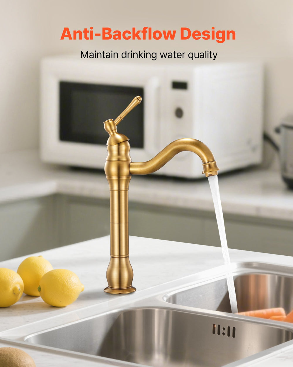 VEVOR Single Handle Sink Faucet, Solid Brass Single Handle Kitchen Faucet, 1 or 3 Hole Kitchen Faucets with Push-Button Drain, Suitable for Bathroom, RV, Bar, Public Restroom, Anti-Backflow Design