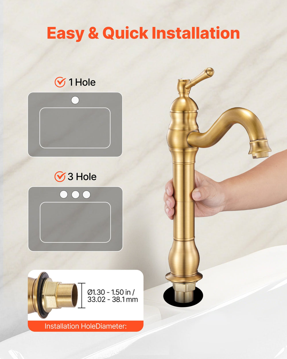 VEVOR Single Handle Sink Faucet, Solid Brass Single Handle Kitchen Faucet, 1 or 3 Hole Kitchen Faucets with Push-Button Drain, Suitable for Bathroom, RV, Bar, Public Restroom, Anti-Backflow Design