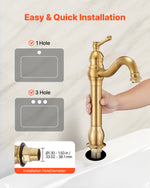 VEVOR Single Handle Sink Faucet, Solid Brass Single Handle Kitchen Faucet, 1 or 3 Hole Kitchen Faucets with Push-Button Drain, Suitable for Bathroom, RV, Bar, Public Restroom, Anti-Backflow Design