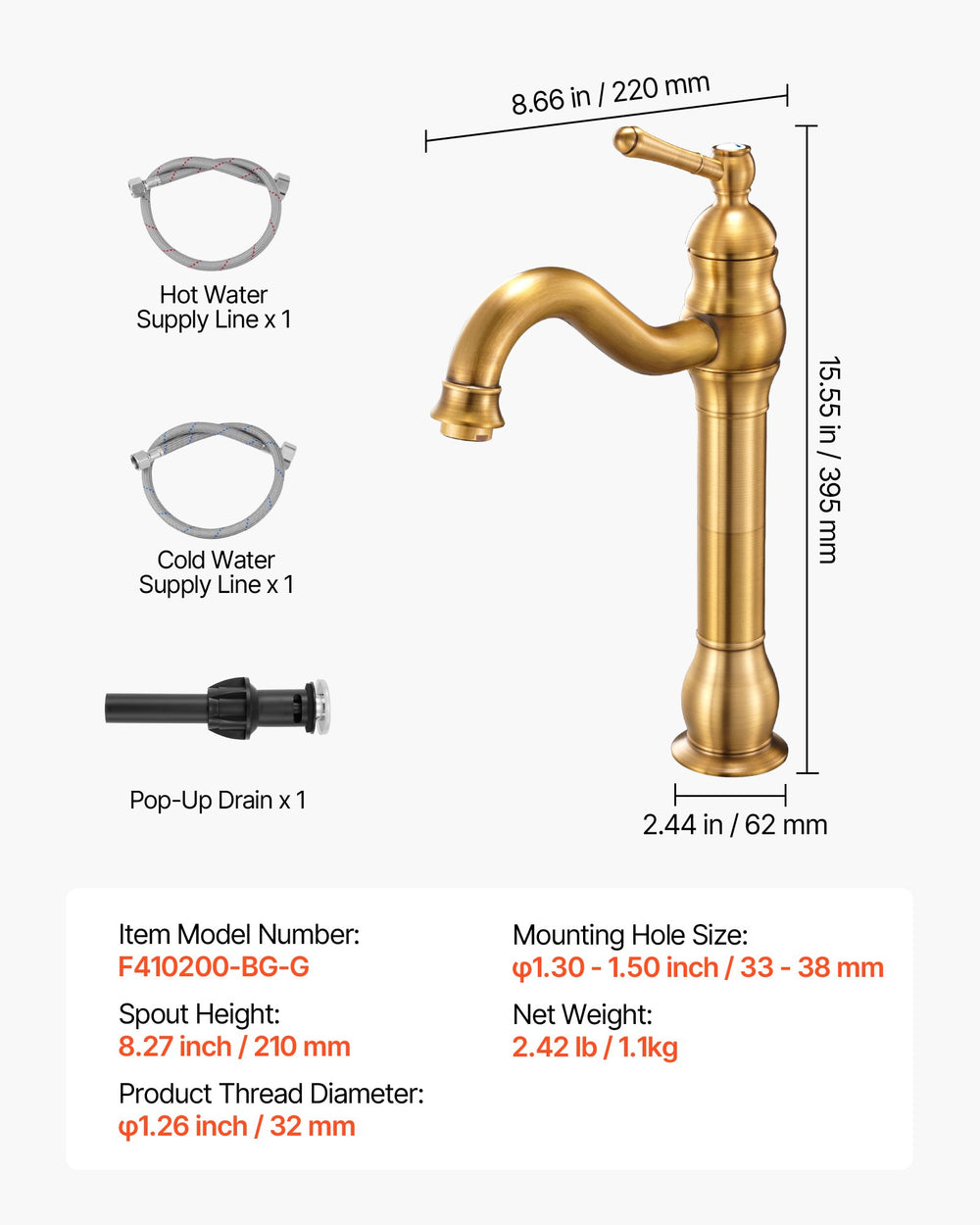 VEVOR Single Handle Sink Faucet, Solid Brass Single Handle Kitchen Faucet, 1 or 3 Hole Kitchen Faucets with Push-Button Drain, Suitable for Bathroom, RV, Bar, Public Restroom, Anti-Backflow Design