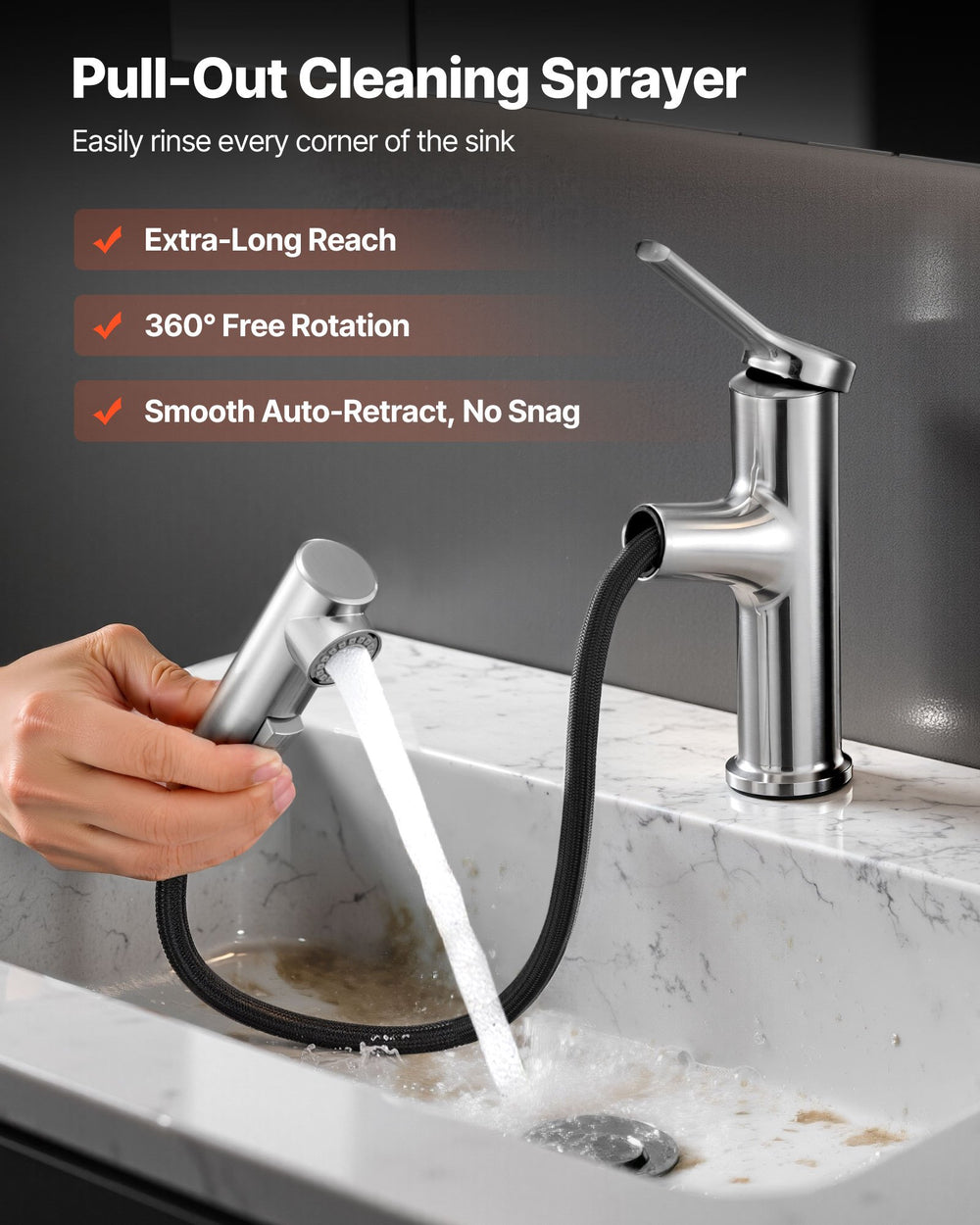 VEVOR Single Handle Sink Faucet, Single Handle Pull Out Faucet 1 or 3 Hole, Brushed Nickel Stainless Steel Sink Faucets with Push-Button Switch, Suitable for Bathroom, RV, Public Restroom, Lead-free