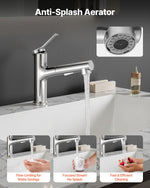 VEVOR Single Handle Sink Faucet, Single Handle Pull Out Faucet 1 or 3 Hole, Brushed Nickel Stainless Steel Sink Faucets with Push-Button Switch, Suitable for Bathroom, RV, Public Restroom, Lead-free
