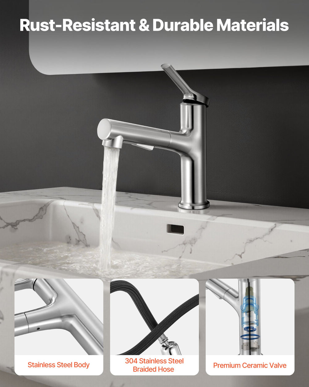 VEVOR Single Handle Sink Faucet, Single Handle Pull Out Faucet 1 or 3 Hole, Brushed Nickel Stainless Steel Sink Faucets with Push-Button Switch, Suitable for Bathroom, RV, Public Restroom, Lead-free