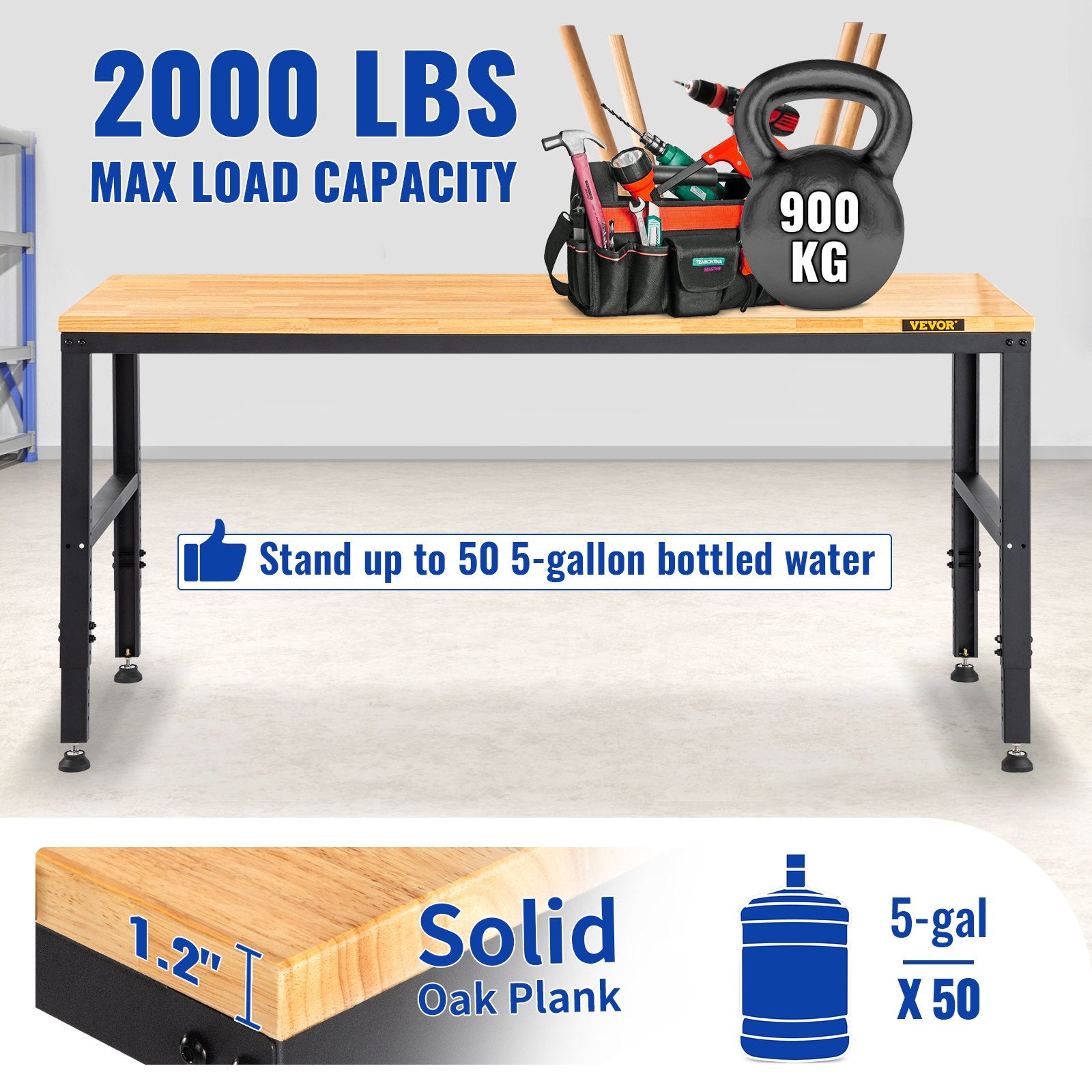 VEVOR Adjustable Height Workbench 154.9 cm L x 50.8 cm W Work Bench Table with Power Outlet