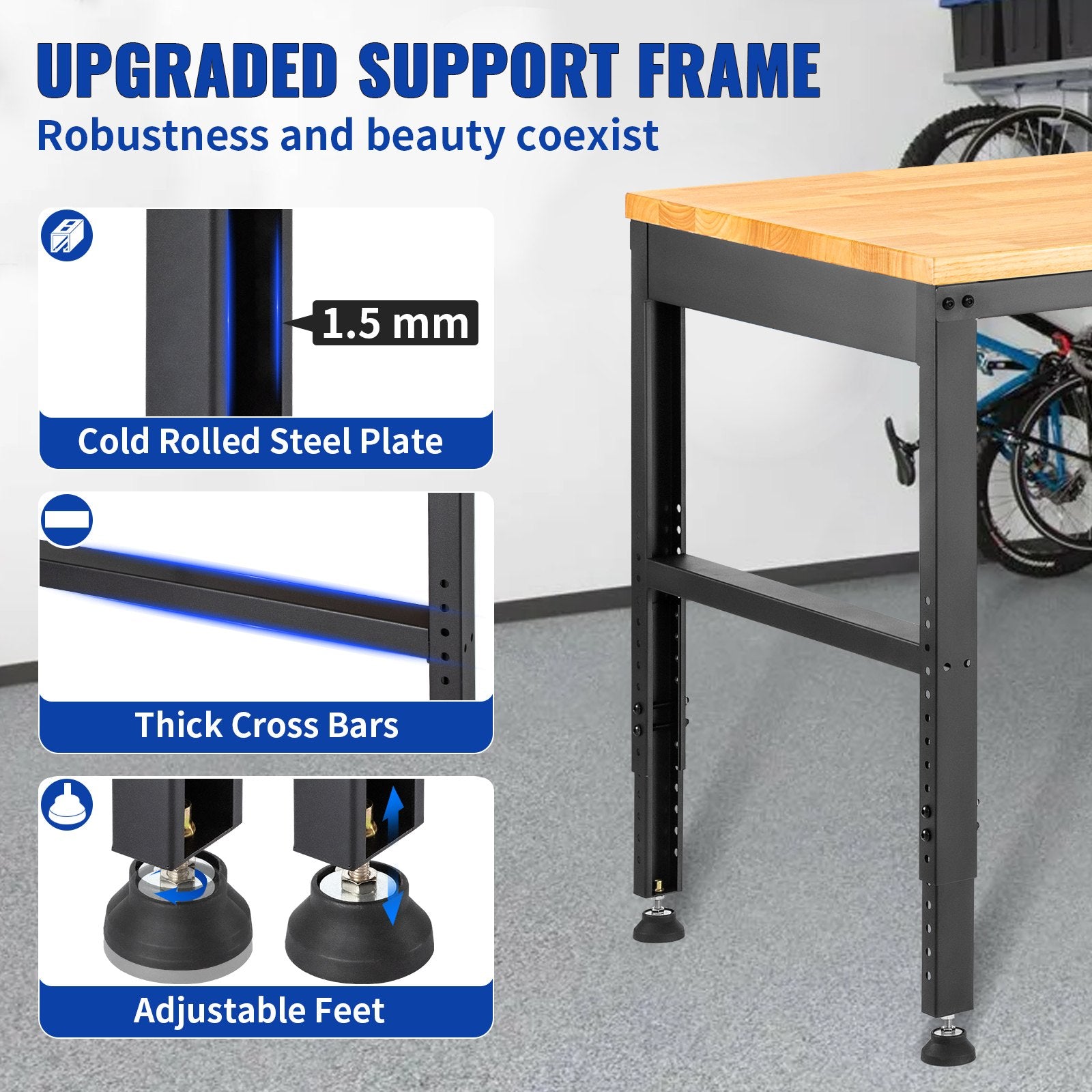 VEVOR Adjustable Height Workbench 154.9 cm L x 50.8 cm W Work Bench Table with Power Outlet