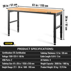 VEVOR Adjustable Height Workbench 154.9 cm L x 50.8 cm W Work Bench Table with Power Outlet