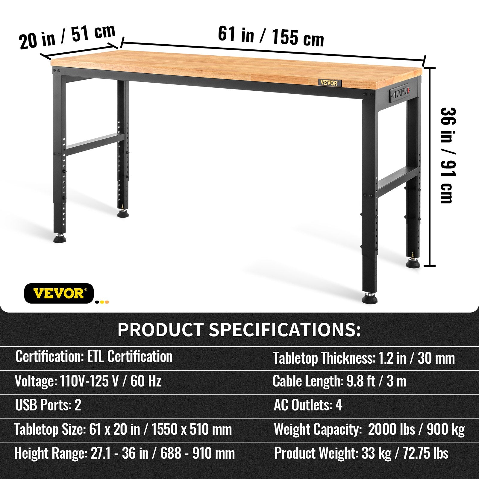 VEVOR Adjustable Height Workbench 154.9 cm L x 50.8 cm W Work Bench Table with Power Outlet