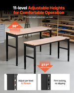VEVOR Adjustable Workbench, 907 kg Capacity, 155 x 51 cm Heavy Duty Work Bench with 68.8-91.4 cm Height Adjustment, Garage Workbench with Power Outlets, Suitable for Office, Garage, Workshop